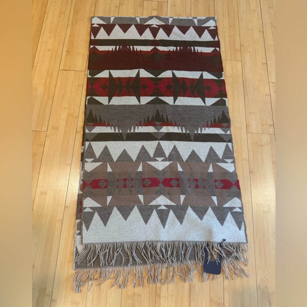 Pendleton Red, Olive, Cream and Wine Geometric Wool Blanket Scarf NWT